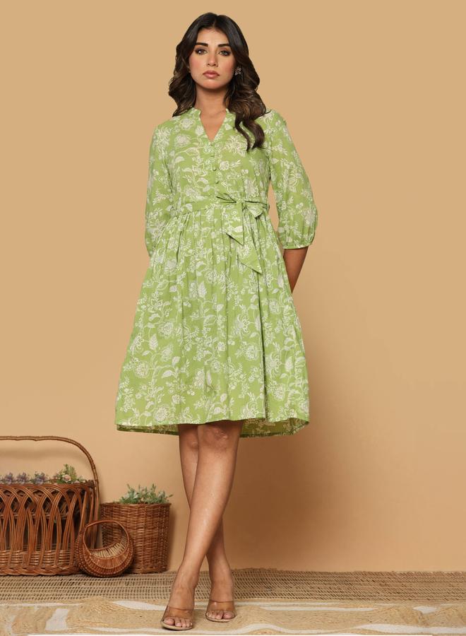 KASYA Green Cotton Printed Bell Sleeve Dress - Image 5